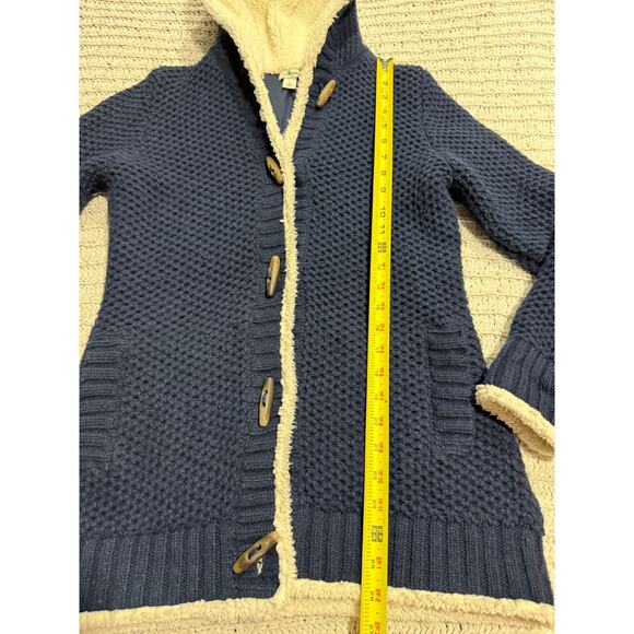 LL Bean Hooded Sweater Sherpa Button Wool Blend 290407 Womens Small Blue White - Picture 5 of 10